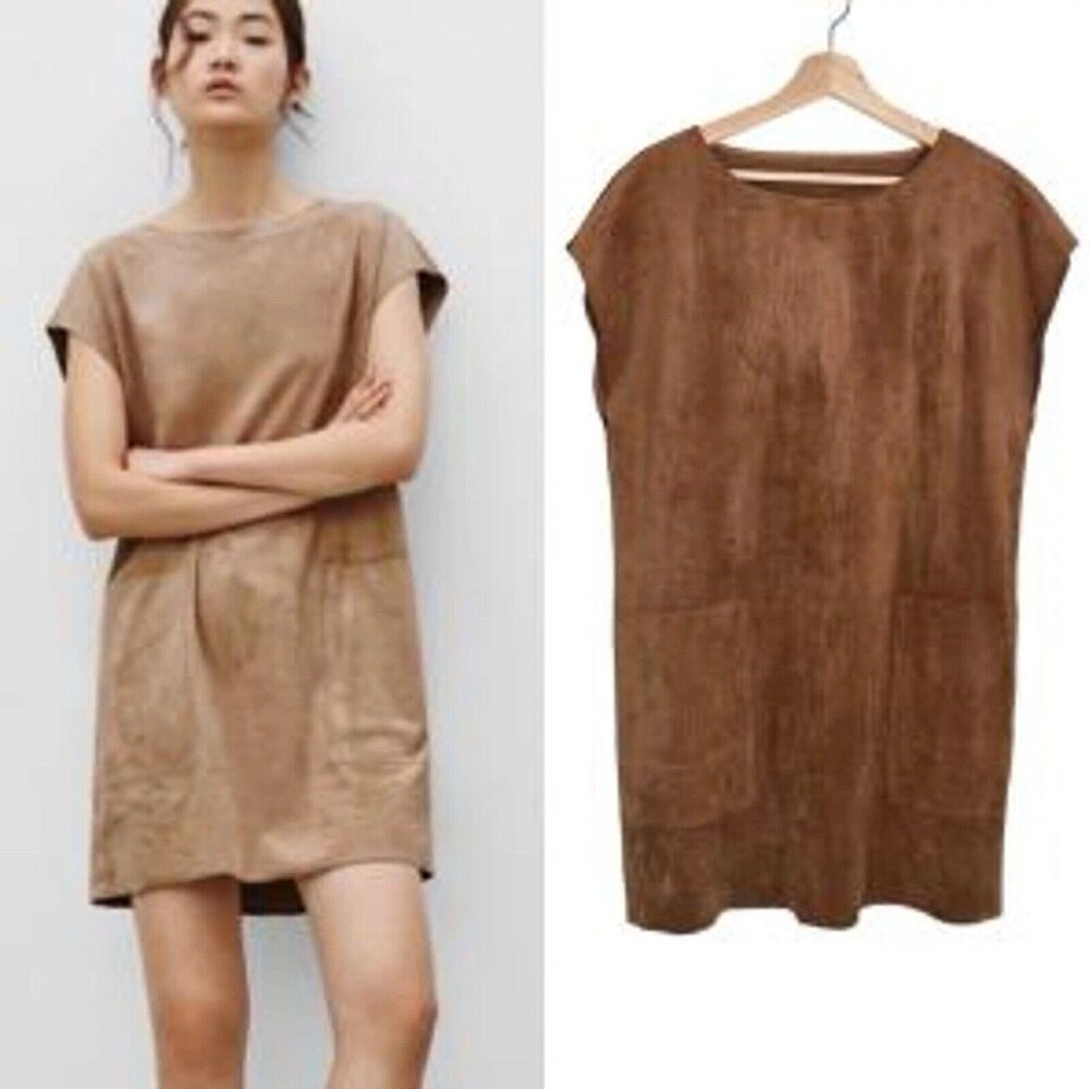 Wilfred Aritzia Faux Suede Camel Mini Shirt Dress Western Small S